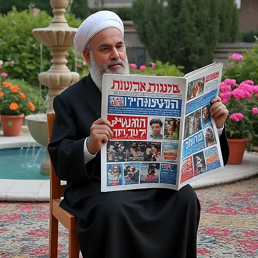 Ali Khamenei sitting in a traditional Persian garden, surrounded by blooming flowers and a fountain, reading an Israeli newspaper ״Yedioth_Ahronot״ with a serene, thoughtful look on his face