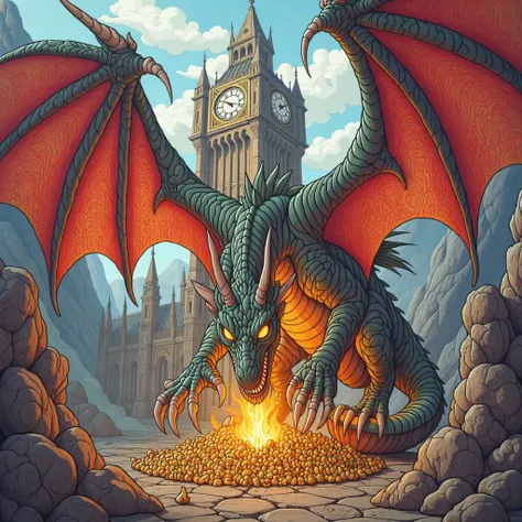 <lora:Kawaiis_rank16_bf16:1>fantasy illustration of an ancient dragon, massive, serpentine body, powerful wings, fearsome claws, glowing eyes, intricate scales, hoard of treasure, gears and cogs of a massive clock tower in the background, wishing well fill...
