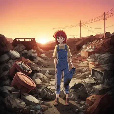 score_9, score_8_up, score_7_up, score_6_up, score_5_up, score_4_up, zPDXL2,source_anime,rating_questionable,   1girl, solo, overalls,  <lora:Scrapyard:0.8> scr4pyard, outdoors, rubble, trash, sunset, rust,  scrap metal,