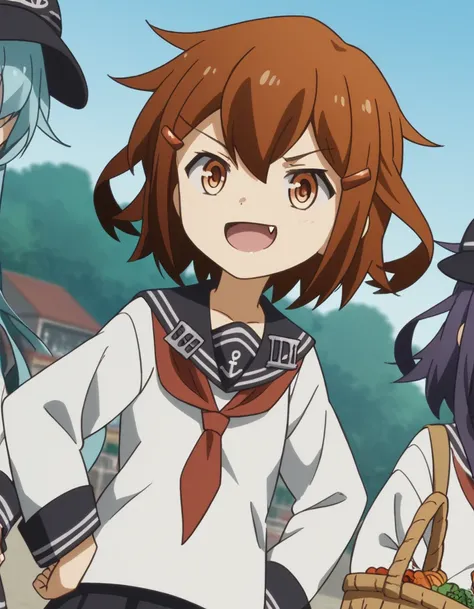 score_9, score_8_up, score_7_up, source_anime, <lora:kancolle-ikazuchi-s1-ponyxl-lora-nochekaiser:1>, ikazuchi, short hair, brown hair, hair ornament, brown eyes, hairclip, fang, ikazuchi (kancolle), skirt, school uniform, serafuku, neckerchief,, farmers m...