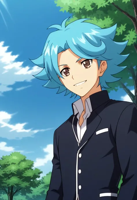 score_9, score_8_up, score_7_up, source_anime, highly detailed, 
hiroki, male focus, 1boy, school uniform, solo, blue hair, brown eyes, sky, day, cloud, gakuran, smile,  outdoor,
outdoor, sky, cloud, tree