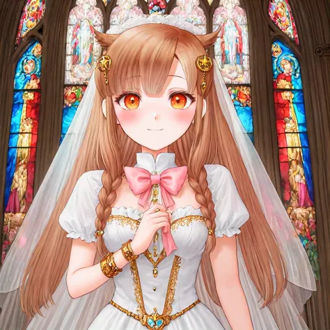 yuni, solo, bangle, blush, bow, bracelet, braid, brown hair, virtual youtuber, owl ears,
((wedding dress, church, stained glass))
<lora:YUNI-XL-t1:0.6>