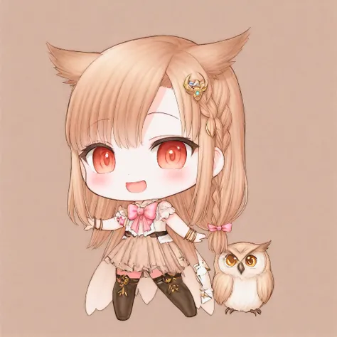 yuni, solo, bangle, blush, bow, bracelet, braid, brown hair, hair ornament, jewelry, crescent hair ornament, long hair, open mouth, smile, solo, virtual youtuber, owl ears,
chibi, full body, 
 <lora:YUNI-XL-t1:0.6>