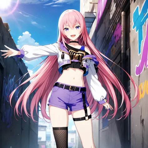 1girl, megurine luka, vocaloid, masterpiece, very aesthetic, absurdres, official art,
brandnew luka, solo, pink very long hair, blue eyes, nail polish, blue nail, straight hair, 
(looking at viewer:1.4), :D, standing, contrapposto, reaching towards viewer,...