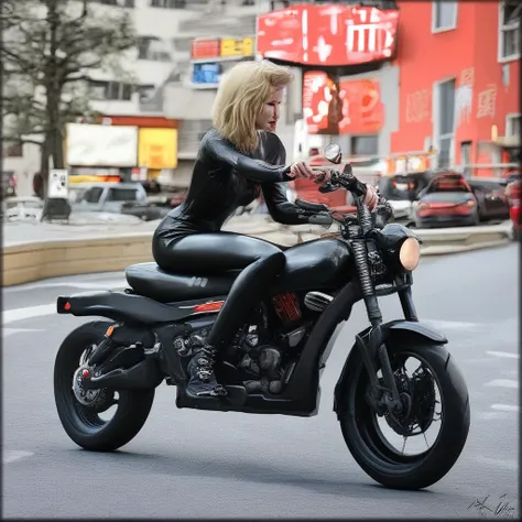 Latexvin, sitting on a motor bike. in a city.