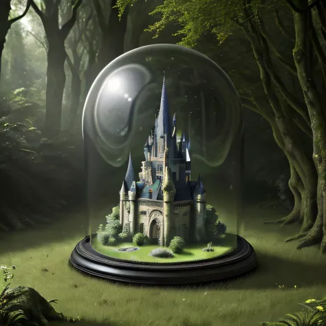 masterpiece, best quality, grass floor in the swamp, fantastic mystic wizards big black-colored castle in a glass dome, background forest, hyper realistic, highly detailed, sharp focus, high resolution, 8K, <lora:GlassDomeConcept:0.6>