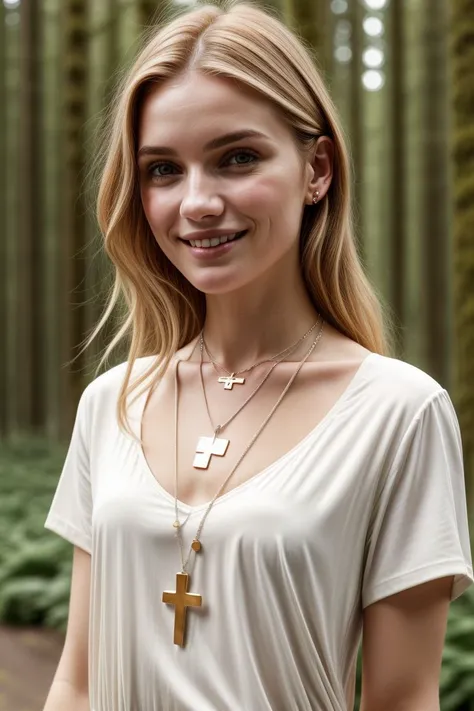 European woman, closeup, (shirt), pants, (Olympic national park), cross necklace , smiling , ZM_jana, wide shoulders, perfect face, (contact iris: 1.1), pale skin, skin pores , depth of field