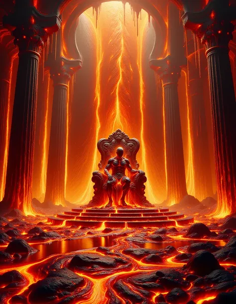 A massive throne room where molten lava drips continuously from the ceiling, dissolving the once-grand marble floor into liquid rock. Ral-lva, a molten king seated on a throne of lava, drips with glowing gold and crimson lava, which melts the steps of the ...