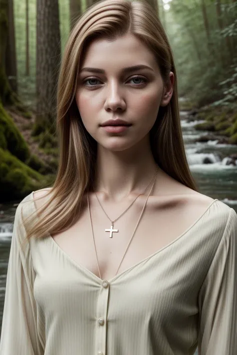 European woman, closeup, (shirt), pants, (forest river), cross necklace , (), ZM_brenda, wide shoulders, perfect face, (contact iris: 1.1), pale skin, skin pores , depth of field