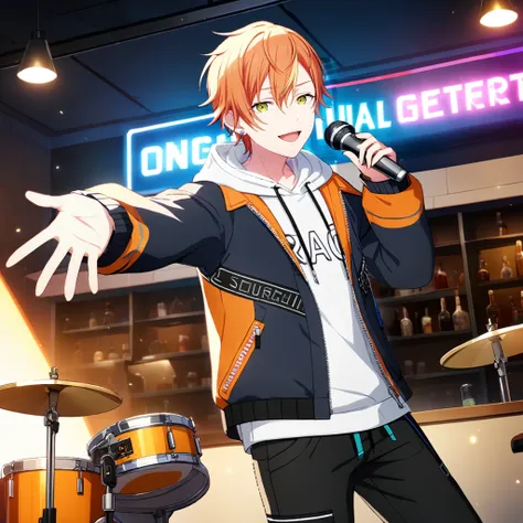 1boy, shinonome akito, project sekai, masterpiece, very aesthetic, absurdres, official art, recent,
brandnew akito, solo, orange short hair, yellow streak hair, two tone hair, (green small eyes:1.2), earrings,  
(looking at viewer:1.4),  standing, singing,...