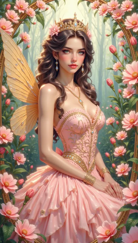 pinketherealmj,Portrait of a pretty fairy, Leaves, Flowers, Petals, Pastel Pink, art nouveau style, floral background, vintage style