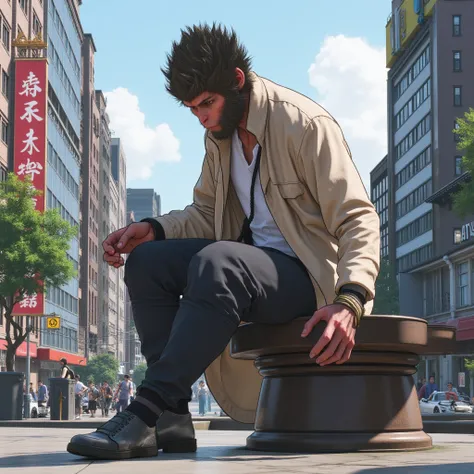 A flat illustration in anime style featuring the full body of "Black_Myth_Wukong" dressed in modern casual attire, sitting in an urban setting. "Black_Myth_Wukong" has nothing in his hands, and the atmosphere is calm and relaxed. The background showcases a...