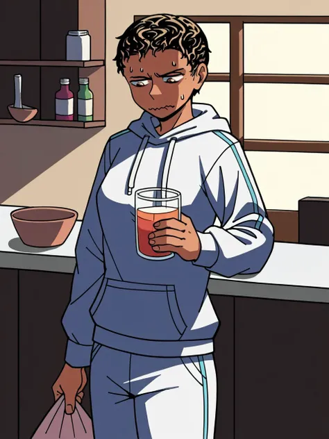 zPDXL3, dark kitchen, dark room, dark, 1girl, solo, <lora:luluR2R_PDXL:1.0> lulur2r, dark-skinned female, very short hair, very tired, sweatshirt, hoodie, sweatpants, drinking glass, raw egg yolk, holding, wavy mouth, looking down at drinking glass,