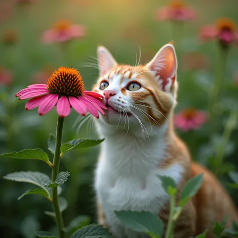 a cat smelling flower