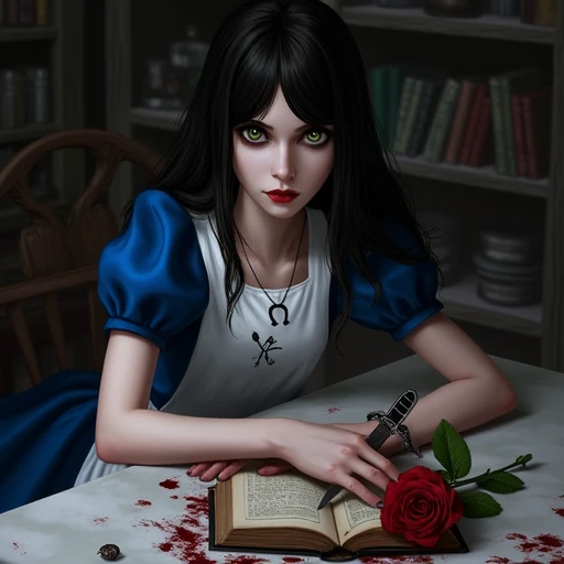 book, green eyes, flower, knife, average looking female, horseshoe knecklace, bloody apron, teenager, young adult girl, blue eyes, bug, blood, pantyhose, lying, striped, black gothic boots, black hair, solo, striped pantyhose, blue dress, necklace, long ha...