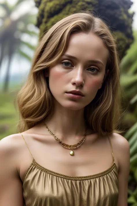 European woman, closeup, (shirt), pants, (Hawaiian Volcanoes National Park), gold necklace , (), ZM_lilla, wide shoulders, perfect face, (contact iris: 1.1), pale skin, skin pores , depth of field