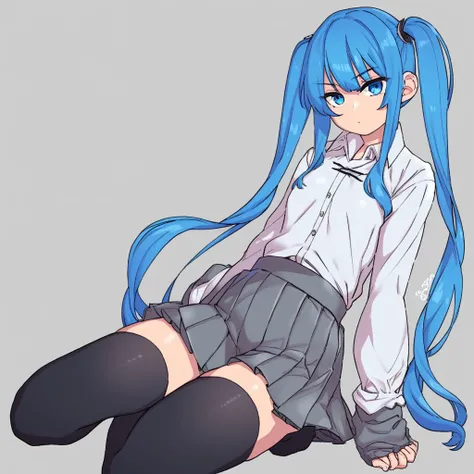 1girl, simple background, looking at viewer, long hair, blue hair, twintails, pleated skirt, grey skirt, detatched sleeves, collared shirt, blue eyes, thighhighs,