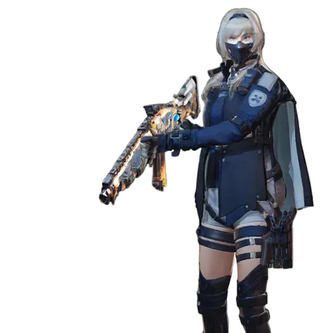 blue eyes, hairband, gloves, gun, mask, solo, 1girl, weapon, assault rifle, rifle, white background, holding, holding weapon, holding gun