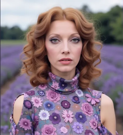 80mm lens. F2.8. . photography. f/2.8 , bokeh, outdoor,  <lora:mariangela-melato-fluxm3r1n:1.1> m3r1n, A red carpet event set in a lavender field,  wearing violet and silver-gray turtleneck outfits paired with floral details evoking the scent of lavender