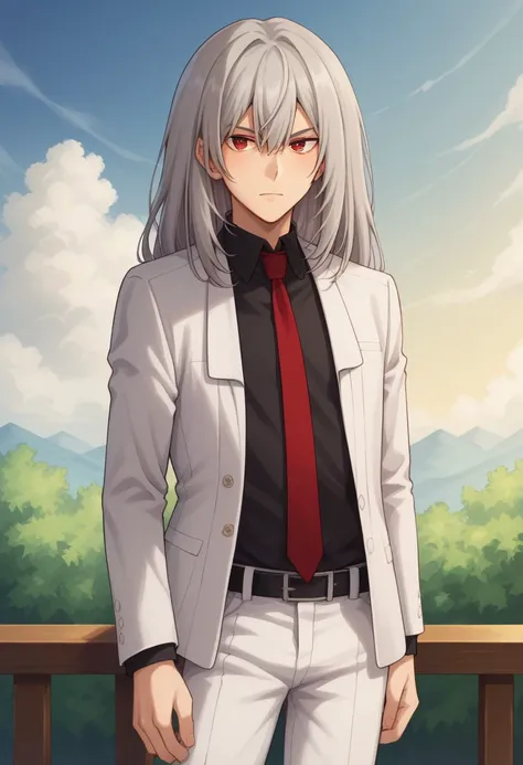 score_9, score_8_up, score_7_up, source_anime, highly detailed, 
koujibu, 1boy, male focus, solo, grey hair, long hair, red eyes, formal, suit, white suit, shirt, collared shirt, black shirt, necktie, red necktiem, jacket, white jacket, pants, white pants,...