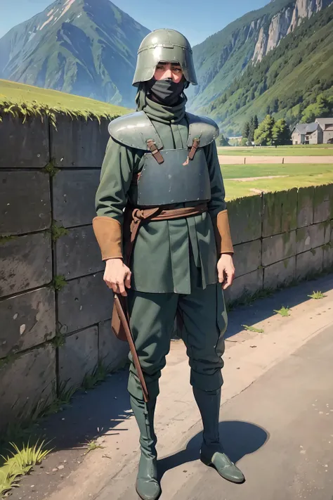 masterpiece,best quality,1boy,ww1ita,standing,helmet,armor,military uniform,pants,boots,standing stiffly,full body,outdoors,mountain peak, <lora:WW1ITA:0.8>