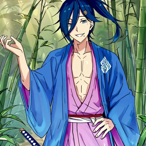 <lora:CecilusSegmunt:1>, cecilus, youthful man, blue eyes, playful and relaxed aura, long dark blue hair, messy ponytail, strands of long hair, obscured right eye, noticeable mole below mouth, subdued peach pink kimono, purple mist like pattern, bright blu...