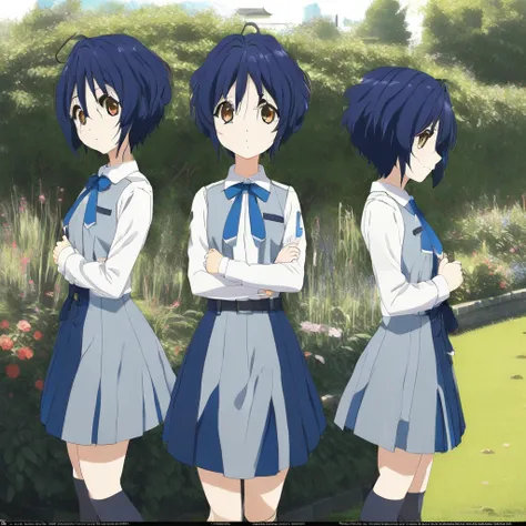 expressive brown eyes and short, showcasing her face and upper body from three different angles. Her skin tone is light, fair complexion. She has a short, dark blue hair styled in a bob cut with a slight wave, a blue tie, The image is a digital anime-style...