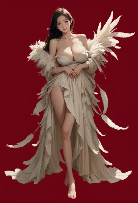 1girl,red background,,ruanyi0993,bare shoulders,cleavage,feathers,barefoot,standing,<lora:0993 feathers dress_v1_pony:1>, score_9, score_8_up, score_7_up, score_6_up, score_9, score_8_up, score_7_up, score_6_up source_anime, blush, 1girl, seduce smile, per...