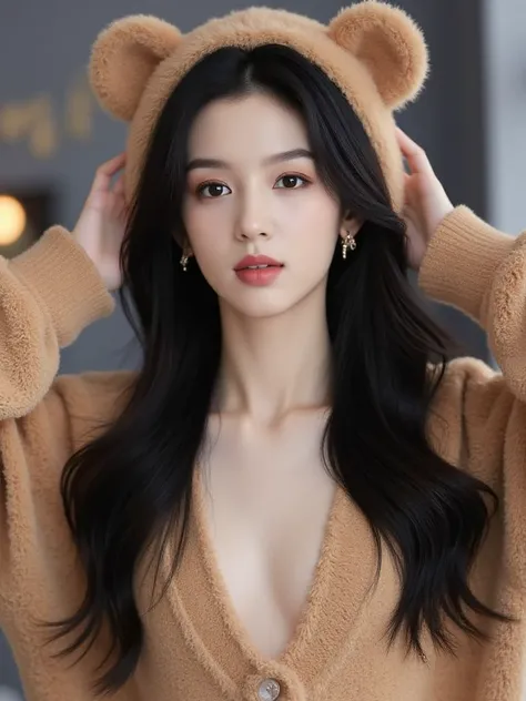 zy,A stunning masterpiece of realism! A beautifully dressed adult girl donning a magnificent long sweater fursuit with bear costume, her hands elegantly behind her head. The cutout in the sweater showcases her tantalizingly toned breasts. Her gaze locks on...