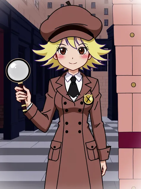 1girl, smile, source_cartoon, piuvictoria, <lora:Victoria (Pump It Up):0.85>, blush, blonde hair, detective hat, detective coat, brown eyes, magnifying glass, mystery, clues