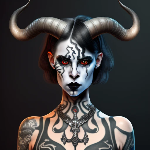 necklace, lipstick, long fingernails, horns, heterochromia, grey eyes, short hair, DEMON GIRL, tattoo, black hair, portrait, upper body, lips