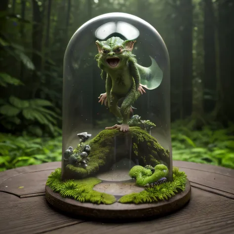 masterpiece, best quality, swampy ground highlands, fantastic mystic large gremlin in a glass dome, background forest, hyper realistic, highly detailed, sharp focus, high resolution, lighting effects, 8K, <lora:GlassDomeConcept:0.6>