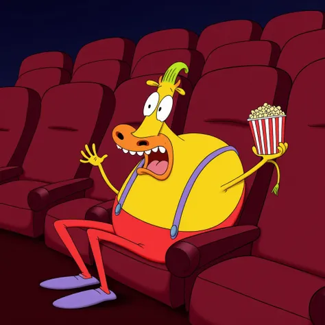 a digital drawing in a cartoon style, depicting a yellow, heffersmodellife with a large, round snout and a wide, open mouth laughing holds a red and white striped popcorn in his right hand.  wearing red pants and purple suspenders with his eyes wide and hi...