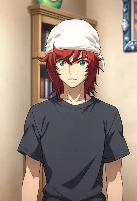 score_9, score_8_up, score_7_up, source_anime, highly detailed, 
satoru, 1boy, male focus, solo, red hair, short hair, green eyes, t-shirt- black t-shirt, short sleeves, bandana, white bandana, upper body,
indoor,