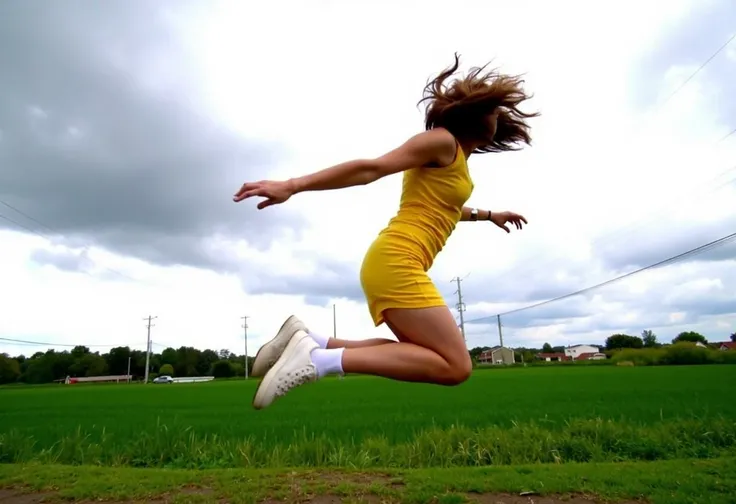 Low-resolution photo, shot on a mobile phone, slight graininess, no notable artifacts. Young woman, early 20s, casual attire, wearing a sleeveless yellow dress, white ankle socks, white sneakers, jumping mid-air, arms outstretched, tousled hair cascading b...