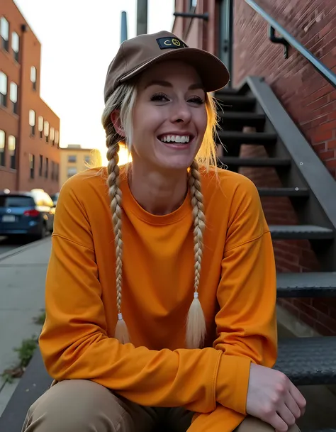 M3G4UG, In a gritty, urban setting bathed in the warm, golden hue of a sunset, a woman with striking blonde and brown hair styled in twin braids, casually sits on a worn-out fire escape. She is clad in a unique ensemble: a loose, oversized shirt with long ...