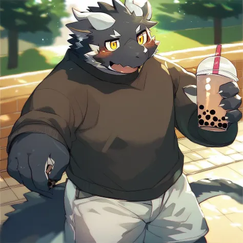 score_9_up, score_8_up, score_7_up, source_furry, mikus-style, black dragon, black body, white horns, yellow eyes, park, holding, bubble tea, black sweater, gray shorts, 1boy, solo