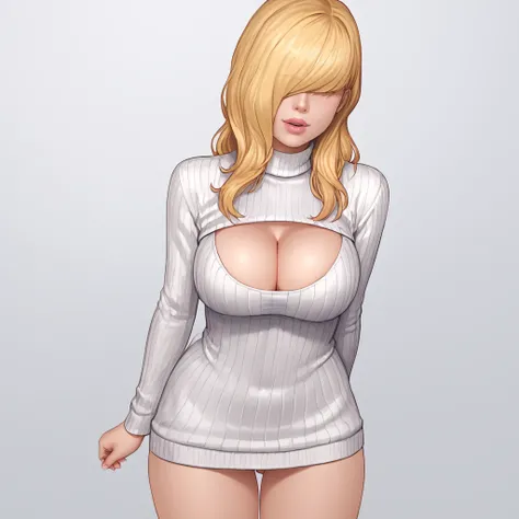 <lora:rachelfoleyresidentevil_pony_v1:.7>  RachelFoley, 1girl, large breasts, blonde hair, long hair, lips,  hair over eyes, hair over one eye, cowboy shot,  <lora:open-chest-sweater-ponyxl-lora-nochekaiser:1> open-chest sweater, ribbed sweater, cleavage c...