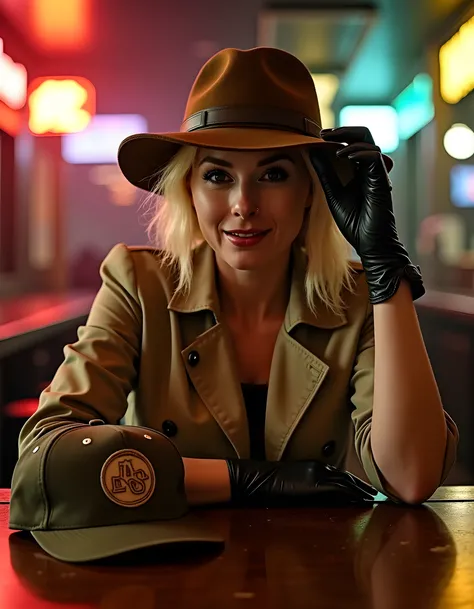 In a gritty, noir-inspired setting reminiscent of 1940s New York City, a close-up image captures M3G4UG, a woman with striking blonde hair and a confident smile. She wears a unique outfit consisting of a tailored trench coat, leather gloves, and a fedora, ...