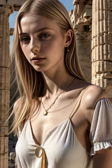 European woman, ZM_orla, closeup, (shirt), pants, (Athens Acropolis), gold necklace , (), wide shoulders, perfect face, (contact iris: 1.1), pale skin, skin pores , depth of field, Dramatic, canon50, 8k