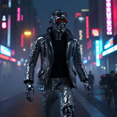 cyberpunk defiant robot, silver, chrome silver color, mechanical parts, retro futuristic, defi the norm style character, wearing streetwear, walking in cyberpunk city, neon lights night time, foggy streets