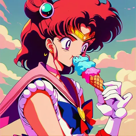 pr0p3rcr1sp, source_anime, score_9, score_8_up, Sailor Moon eating ice cream, retro art style,