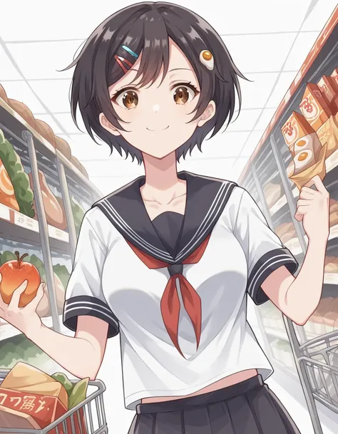 score_9, score_8_up, score_7_up, source_anime, <lora:hareru-asagiri-s1-ponyxl-lora-nochekaiser:1>, hareru asagiri, short hair, bangs, black hair, hair ornament, brown eyes, hairclip, food-themed hair ornament, fried egg, egg hair ornament, medium breasts, ...