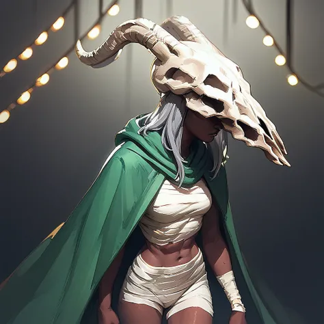 score_9, score_8_up, score_7_up, BREAK, 1girl portrait, dramatic lights thesilent, grey hair, dark skin (skull:1.3), green cloak, bandages, midriff, bandaged legs