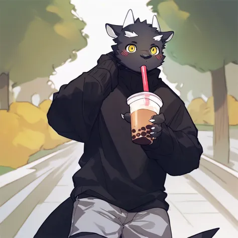 score_9_up, score_8_up, score_7_up, source_furry, mikus-style, black dragon, black body, white horns, yellow eyes, park, holding, bubble tea, black sweater, gray shorts, 1boy, solo