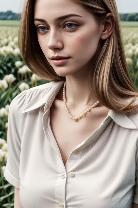 European woman, closeup, (shirt), pants, (farmers field), pearl necklace , (), ZM_brenda, wide shoulders, perfect face, (contact iris: 1.1), pale skin, skin pores , depth of field