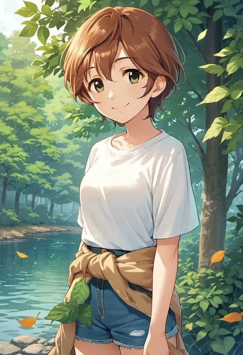 score_9, score_8_up, score_7_up, source_anime, yoshioka saki, short hair, brown hair, green eyes, 1girl, solo, shorts, tree, smile, leaf, shirt, denim, clothes around waist, denim shorts, outdoors, water