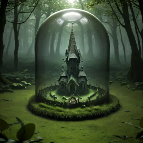 masterpiece, best quality, grass floor in the swamp, fantastic mystic haunted house in a glass dome, background forest, hyper realistic, highly detailed, sharp focus, high resolution, 8K, <lora:GlassDomeConcept:0.6>