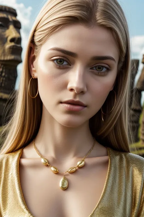 European woman, closeup, (shirt), pants, (Easter Island Moai), gold necklace , (), ZM_brenda, wide shoulders, perfect face, (contact iris: 1.1), pale skin, skin pores , depth of field