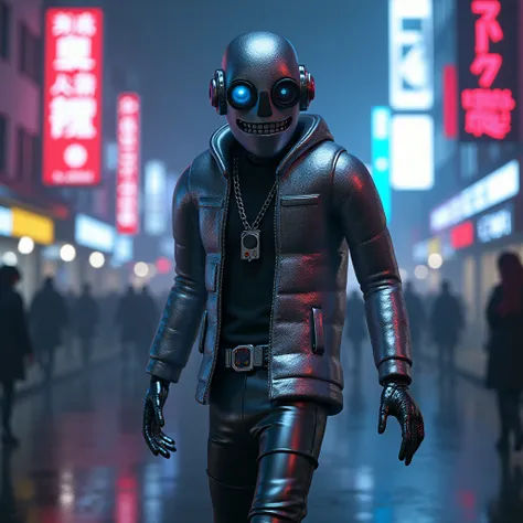 cyberpunk defiant robot, silver, chrome silver color, mechanical parts, retro futuristic, defi the norm style character, wearing streetwear, walking in cyberpunk city, neon lights night time, foggy streets